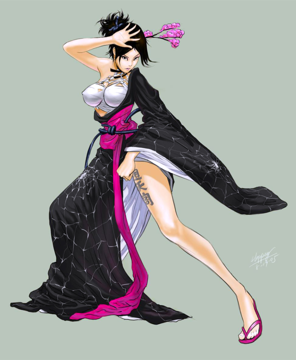 1girl, alternate_costume, bandages, bare_leg, breasts, female_focus, flower, geisha