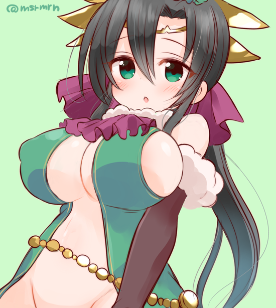 1girl, ascot, bad_id, bad_pixiv_id, bare_shoulders, belt, black_gloves, black_hair