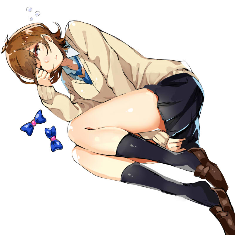 1girl, between_legs, black_skirt, blazer, blue_necktie, blush, bow, brown_hair