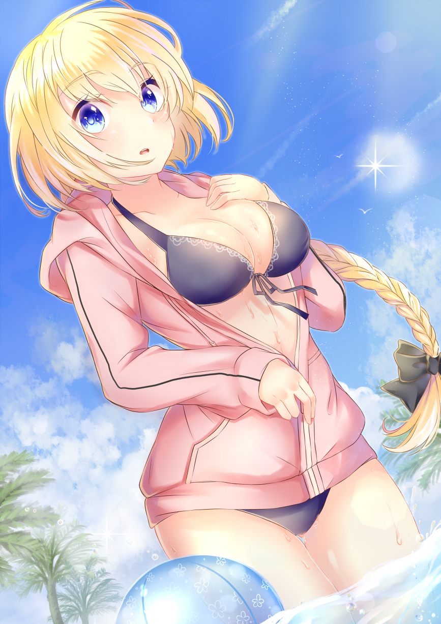 1girl, bad_id, bad_pixiv_id, ball, beachball, bikini, black_bikini, black_bow