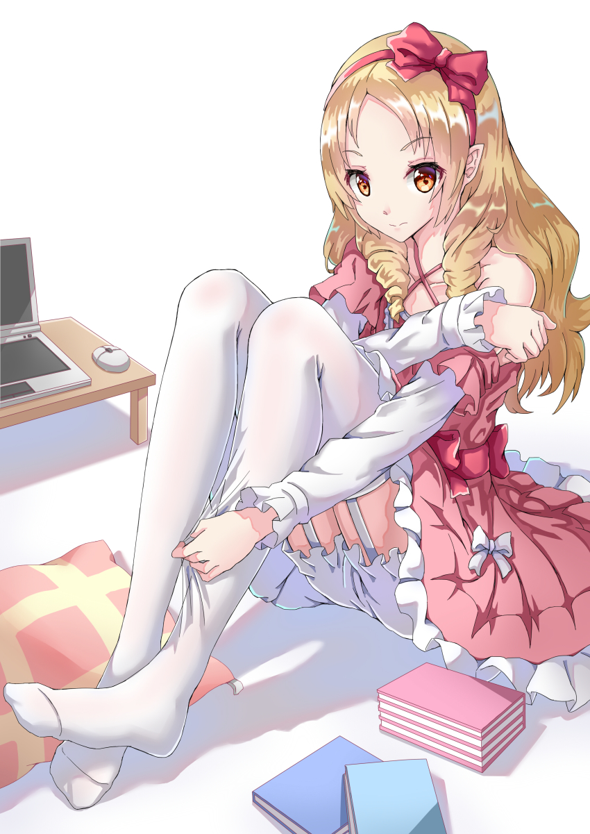 10s, 1girl, absurdres, adjusting_clothes, adjusting_legwear, bad_id, bad_pixiv_id, blonde_hair
