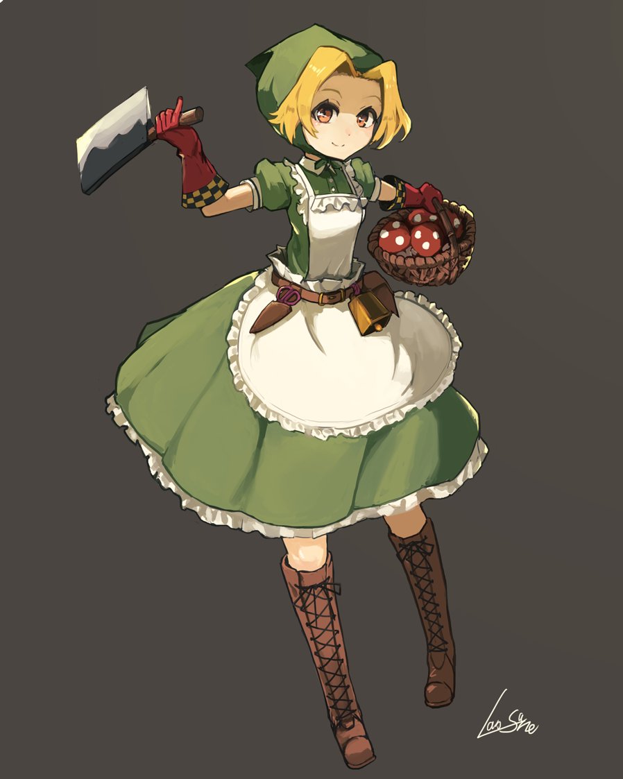 1girl, apron, artist_name, basket, bell, belt, belt_pouch, blonde_hair
