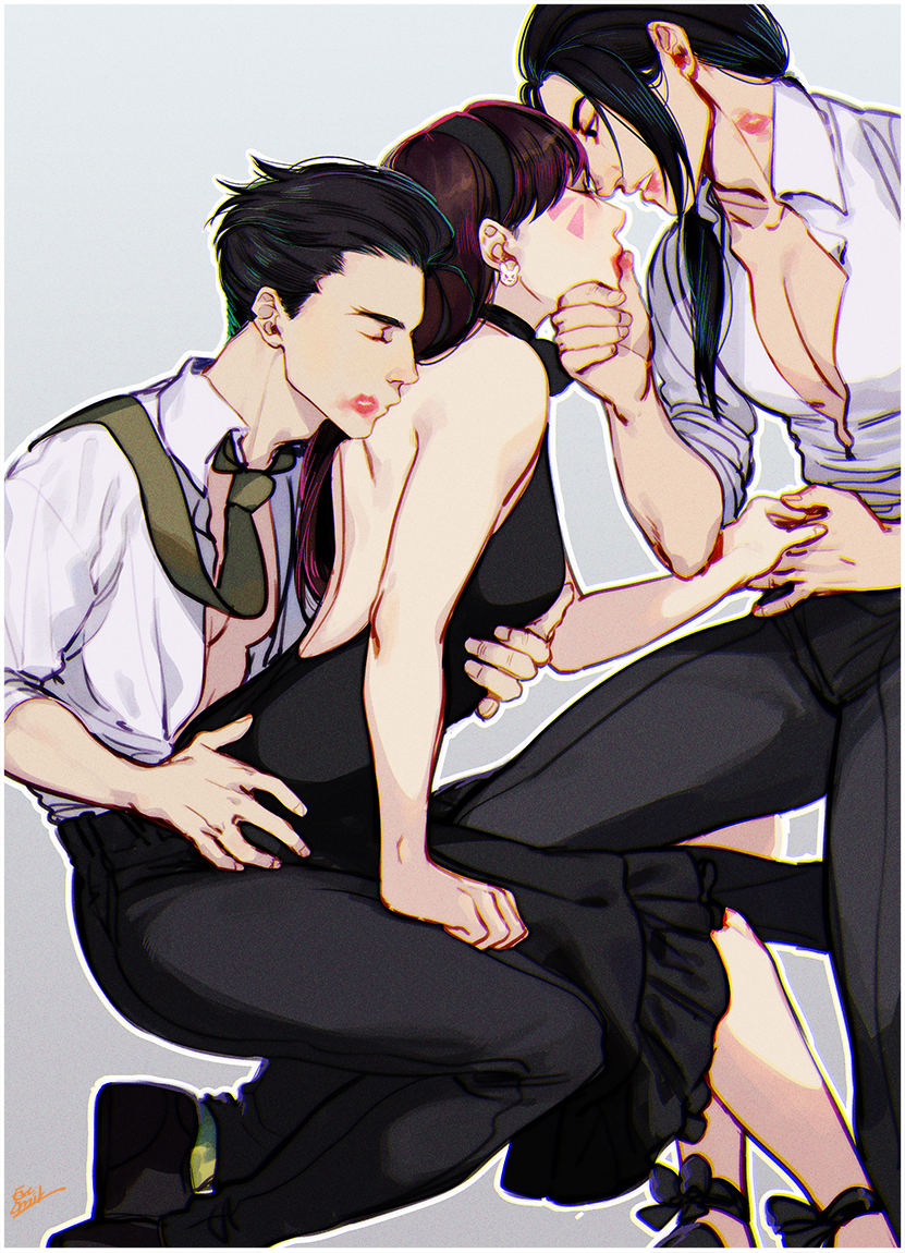 >:3, 1girl, 2boys, :3, backless_outfit, black_dress, black_hair, boy_sandwich