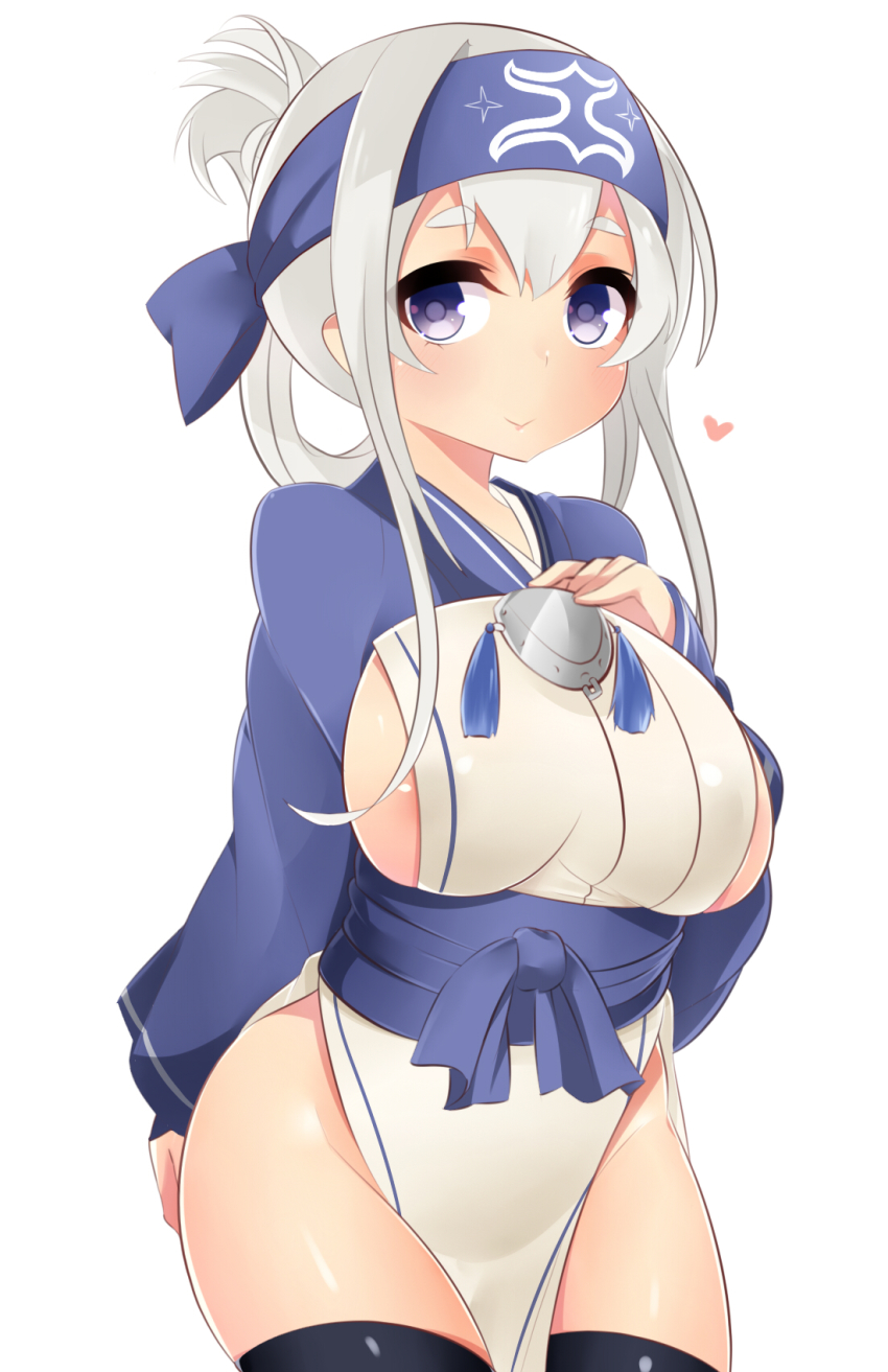 10s, 1girl, ainu_clothes, bandana, black_thighhighs, blue_eyes, breasts, female_focus