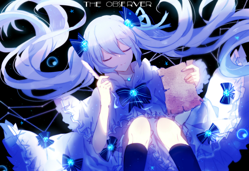 1girl, absurdly_long_hair, black_background, blue_hair, blue_ribbon, blue_socks, capelet, closed_eyes