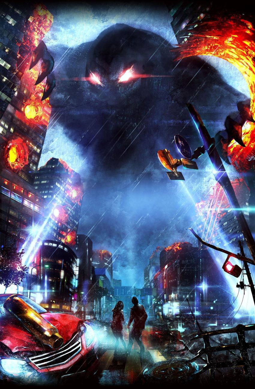 1boy, 1girl, anti-materiel_cartridge, artist_request, cannon_cartridge, car, city, city_shrouded_in_shadow