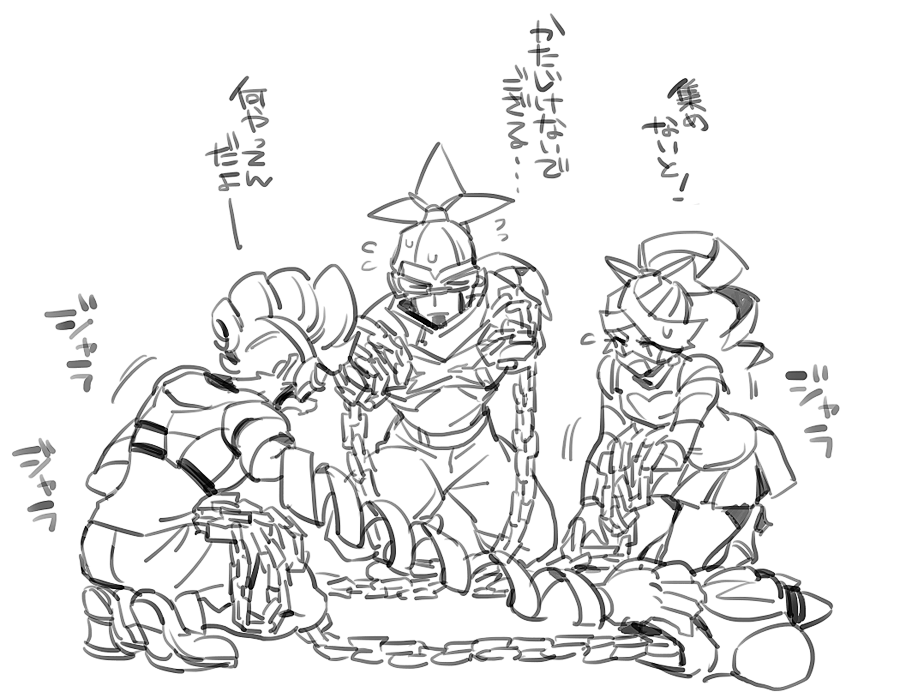 1girl, 2boys, arms_(game), bike_shorts, chain, closed_eyes, flying_sweatdrops, greyscale, kneeling, long_arms, long_hair, monochrome, multiple_boys, nekobayashi_(nekoforest), ninjara_(arms), nintendo, pompadour, ponytail, ribbon_girl_(arms), shoes, short_hair, shorts, skirt, sneakers, spring_man_(arms), squatting, triblast_(arms)