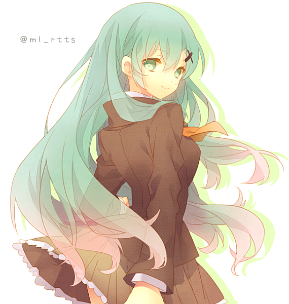 10s, 1girl, aqua_eyes, aqua_hair, ascot, bad_id, bad_pixiv_id, brown_skirt