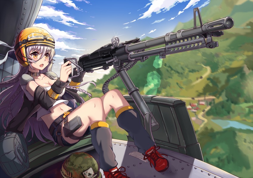1girl, ace_(playing_card), ace_of_clubs, aircraft, ammunition_chute, bag, braid, breasts
