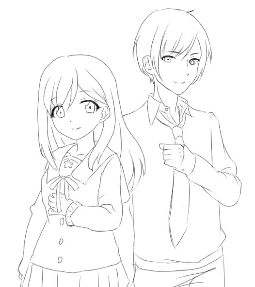 10s, 1boy, 1girl, anzu_(ensemble_stars!), back-to-back, bad_id, bad_twitter_id, blazer