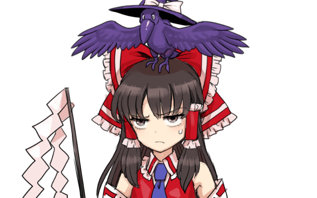>:(, 1girl, animal, animal_on_head, animalization, annoyed, ascot, bird, bird_on_head, black_hat, blue_ascot, bow, brown_eyes, brown_hair, crow, detached_sleeves, frilled_bow, frilled_shirt_collar, frills, frown, gohei, hair_bow, hair_tubes, hakurei_reimu, hat, hat_bow, kirisame_marisa, kirisame_marisa_(crow), long_hair, looking_to_the_side, meimaru_inuchiyo, on_head, red_bow, red_shirt, shirt, sidelocks, simple_background, sweatdrop, touhou, v-shaped_eyebrows, white_background, white_bow, witch_hat
