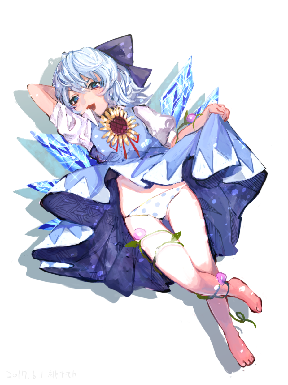 1girl, bad_id, bad_pixiv_id, barefoot, blue_bow, blue_dress, blue_eyes, blue_hair