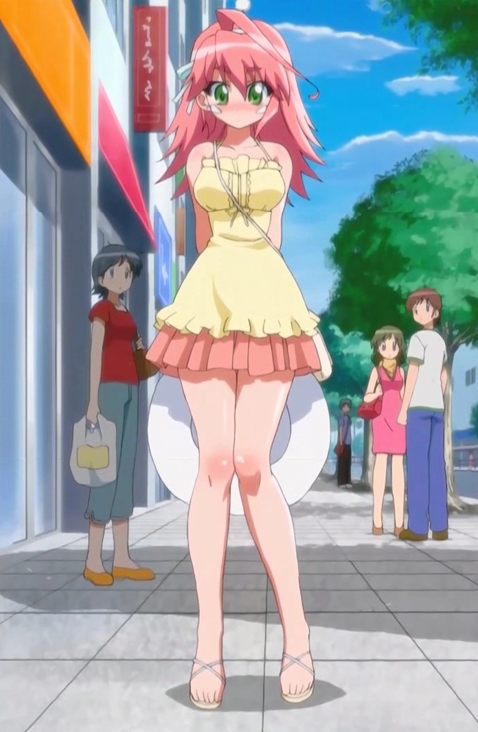 00s, 2boys, 3girls, ahoge, anime_screenshot, bag, bare_shoulders, brown_hair, collarbone, day, dress, feet, full_body, green_eyes, handbag, hat, holding, kemeko_deluxe, mm, mm_(kemeko_deluxe), multiple_boys, multiple_girls, outdoors, pants, pink_hair, shoes, shopping_bag, short_hair, short_sleeves, solo, standing, stitched, third-party_edit