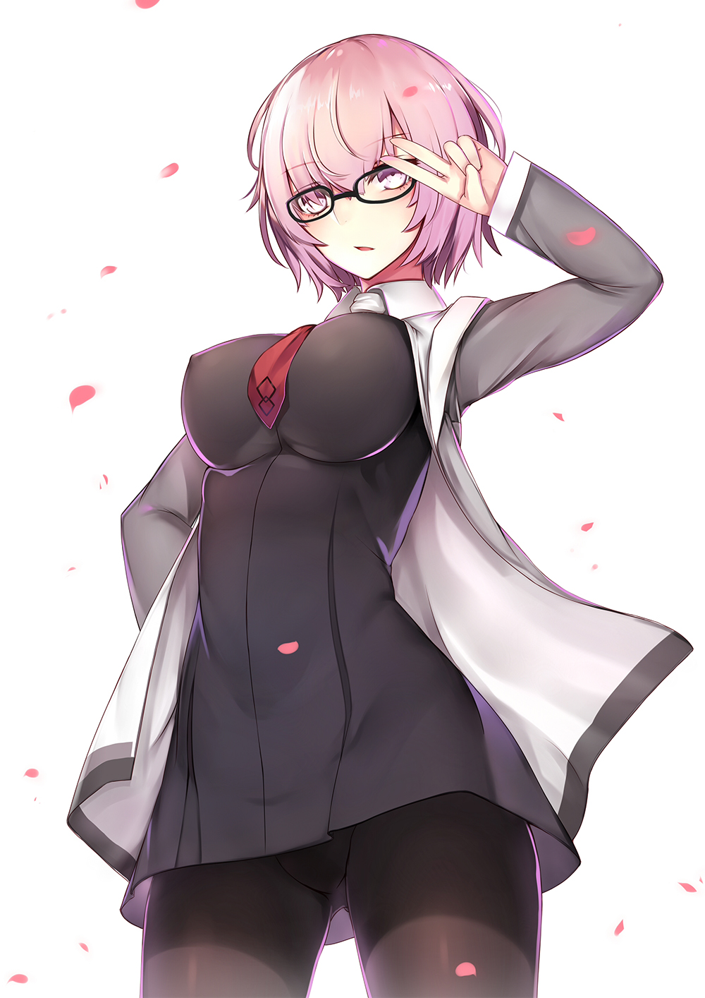 1girl, arm_up, bad_id, bad_pixiv_id, ban_bu_bu_duou, black-framed_eyewear, black_dress, black_pantyhose