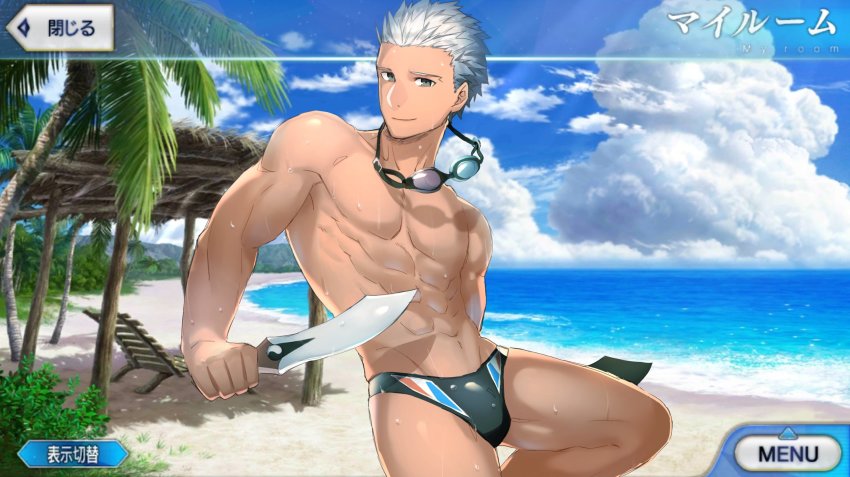 1boy, archer_(black_swimmer)_(fate), archer_(fate), bad_id, bad_twitter_id, beach, black_male_swimwear, black_swim_briefs