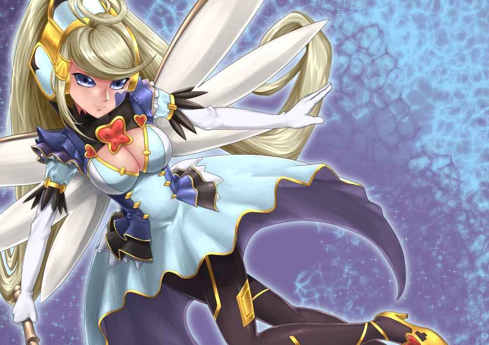 blonde_hair, breasts, cleavage, dorumam, duel_monster, elbow_gloves, facial_tattoo, gloves