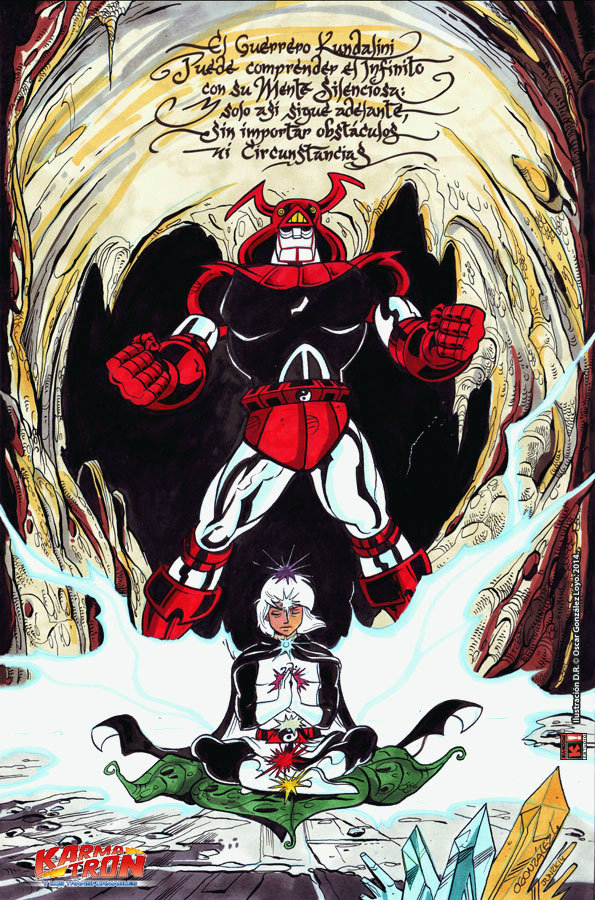 1970s_(style), 1980s_(style), 1boy, 2014, armor, belt, boots, buddhism, cape, cave, clenched_hands, closed_eyes, dated, dual_persona, energy, fighting_stance, gloves, helmet, hinduism, japanese_armor, kabuto_(helmet), karmatron, karmatron_y_los_transformables, leaf, logo, lotus_position, marker_(medium), mecha, meditation, official_art, official_style, oldschool, oscar_gonzalez_loyo, painting_(medium), plant, plantar_flexion, praying, retro_artstyle, robot, samurai, sanskrit, scan, science_fiction, signature, sitting, spanish_text, super_robot, traditional_media, transformation, translated, uniform, watercolor_(medium), watermark, white_hair, yin_yang, yoga, zacek