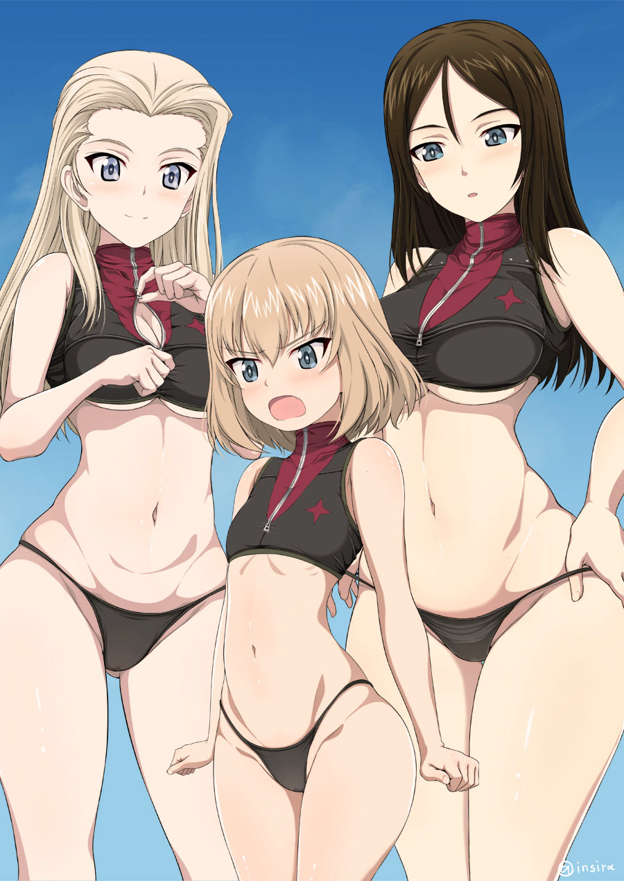 10s, 3girls, actas, adapted_costume, adapted_uniform, bare_shoulders, bikini, bikini_top_lift