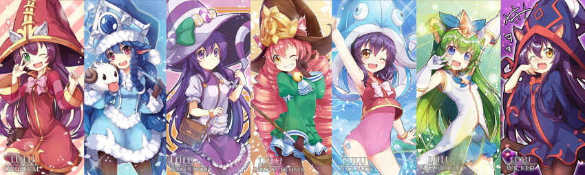 6+girls, :d, bittersweet_lulu, blush, character_name, coat, dragon_tamer_lulu, dragon_trainer_lulu