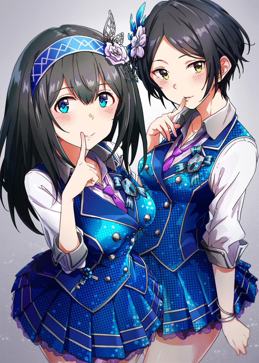 10s, 2girls, absurdres, ayano_yuu_(sonma_1426), black_hair, blue_eyes, blue_hair, blue_hairband, blue_skirt, blush, bracelet, caerula, commentary_request, dress, finger_to_mouth, flower, grey_background, hair_between_eyes, hair_flower, hair_ornament, hairband, hayami_kanade, highres, idolmaster, idolmaster_cinderella_girls, idolmaster_cinderella_girls_starlight_stage, jewelry, long_hair, multiple_girls, necktie, purple_necktie, sagisawa_fumika, saite_jewel, short_hair, skirt, smile, yellow_eyes