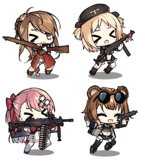 >_<, 4girls, aged_down, ammunition, ammunition_belt, animated, animated_gif, chibi