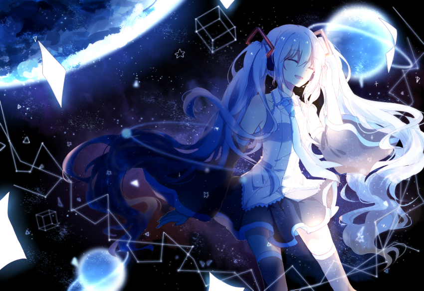 1girl, :d, absurdly_long_hair, black_skirt, black_thighhighs, blue_hair, blue_necktie, bow, closed_eyes, collarbone, detached_sleeves, female_focus, floating_hair, hair_bow, hair_ornament, hatsune_miku, highres, long_hair, luppykiy, miniskirt, necktie, open_mouth, shirt, skirt, sleeveless, sleeveless_shirt, smile, solo, standing, star_(symbol), thighhighs, twintails, very_long_hair, vocaloid, white_shirt