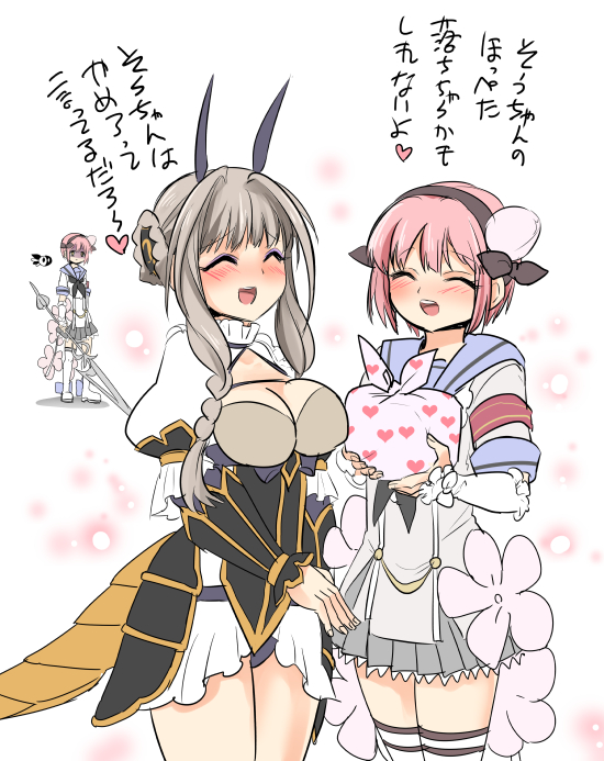 3girls, :d, bento, blunt_bangs, blush, boots, braid, breasts