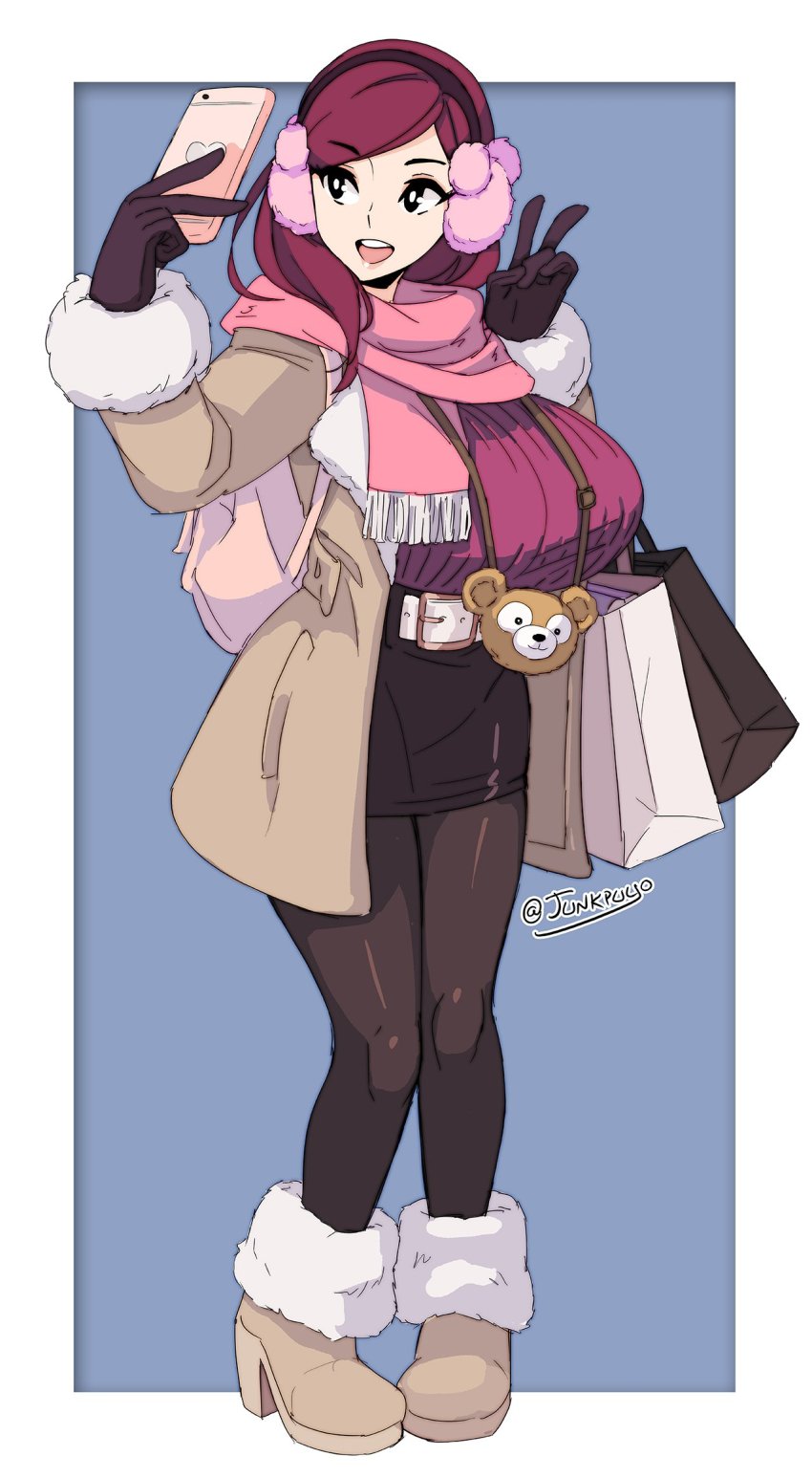 1girl, backpack, bag, belt, beryl_(junkpuyo), black_eyes, black_pantyhose, blue_background, boots, breasts, brown_coat, cellphone, coat, duffy_the_disney_bear, earmuffs, eyebrows, fashion, female_focus, gloves, highres, huge_breasts, junkpuyo, long_hair, long_sleeves, miniskirt, open_mouth, original, pantyhose, peace_symbol, phone, pink_scarf, pocket, red_hair, scarf, selfie_pose, shopping_bag, simple_background, skirt, smartphone, smartphone_case, smile, solo, standing, sweater, swept_bangs, twitter_username, v