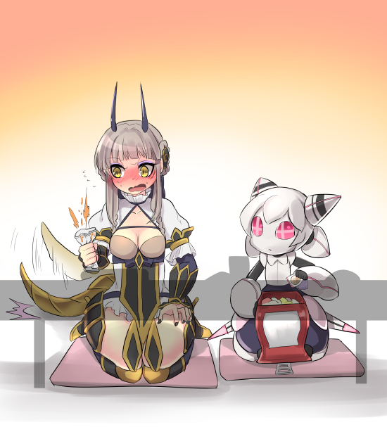 10s, 2girls, black_nails, blunt_bangs, blush, breasts, cleavage, cup