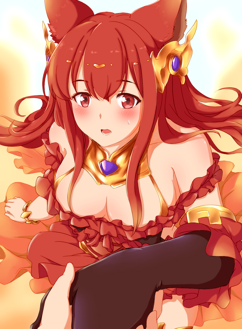 10s, 1girl, :o, animal_ears, anthuria, black_gloves, blush, bracelet, breasts, cleavage, detached_sleeves, dress, elbow_gloves, erune, gloves, granblue_fantasy, hair_ornament, holding_hands, jewelry, large_breasts, long_hair, off_shoulder, outstretched_hand, pov, pov_hands, red_dress, red_eyes, red_hair, single_elbow_glove, solo_focus, summoo, sweatdrop
