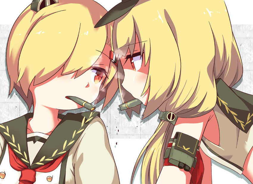 2girls, admiral_scheer_(warship_girls_r), blonde_hair, cigar, cigarette_kiss, graf_spee_(warship_girls_r), looking_at_another, multiple_girls