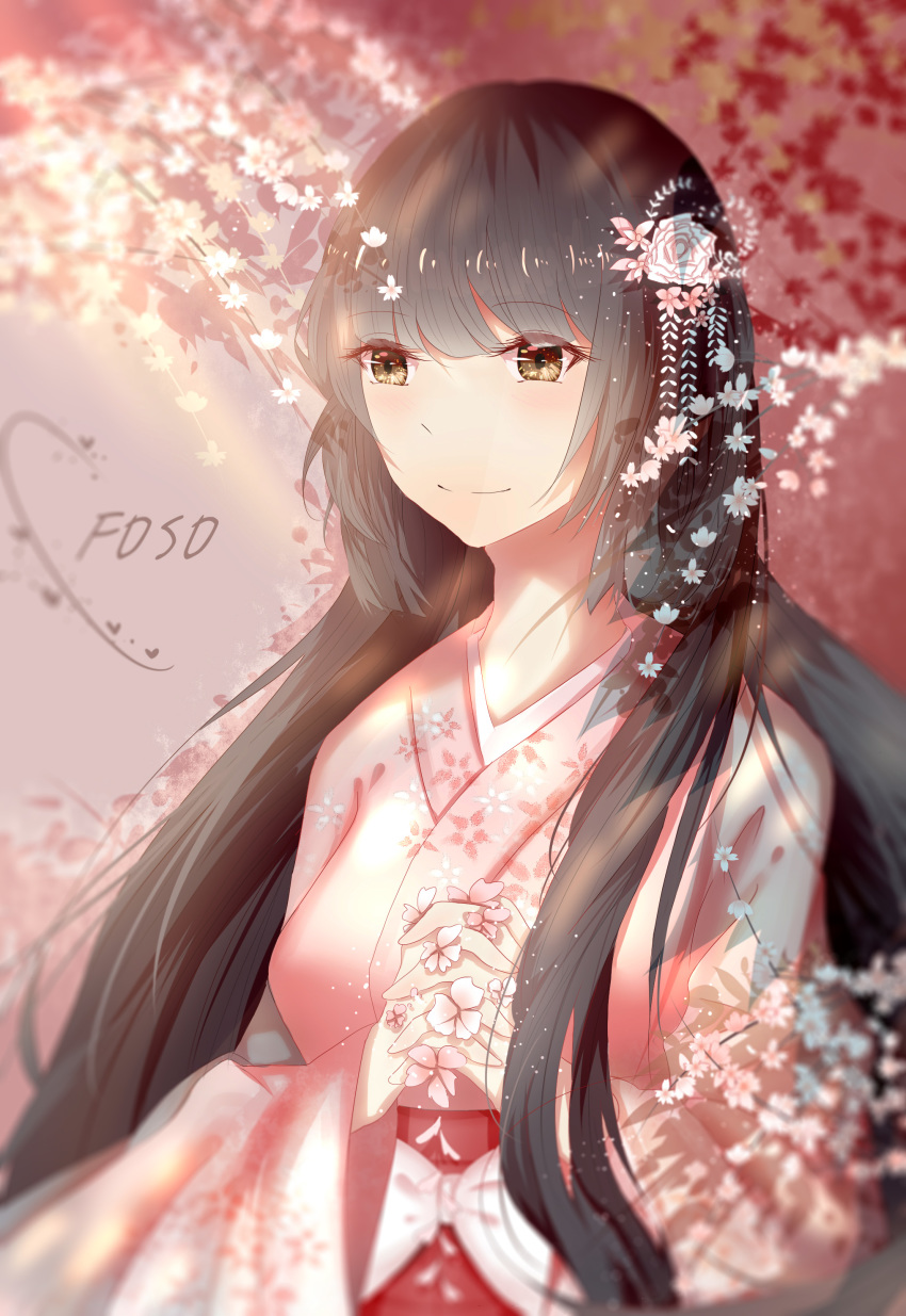1girl, absurdres, bad_id, bad_pixiv_id, black_hair, cherry_blossoms, fusou_(warship_girls_r), hair_ornament