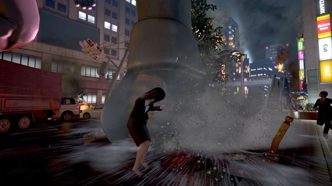 1boy, 1girl, alien, blood, blood_splatter, car, city, city_shrouded_in_shadow