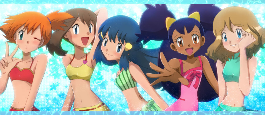 5girls, armpits, bikini, blue_eyes, blue_hair, blush, bow, breasts, brown_eyes, brown_hair, child, cleavage, dawn_(pokemon), flat_chest, green_bikini, hair_ornament, hairclip, highres, iris_(pokemon), long_hair, looking_at_viewer, may_(pokemon), midriff, misty_(pokemon), multiple_girls, nintendo, one_eye_closed, orange_hair, pink_bow, pokemon, pokemon_(anime), pokemon_(classic_anime), pokemon_ag012, pokemon_bw087, pokemon_the_series:_black_&amp;_white, pokemon_ep018, pokemon_the_movie:_diancie_and_the_cocoon_of_destruction, pokemon_the_series:_xy, purple_hair, red_bikini, serena_(pokemon), short_hair, side_ponytail, small_breasts, smile, swimsuit, v, wink, y@mato, yellow_bikini
