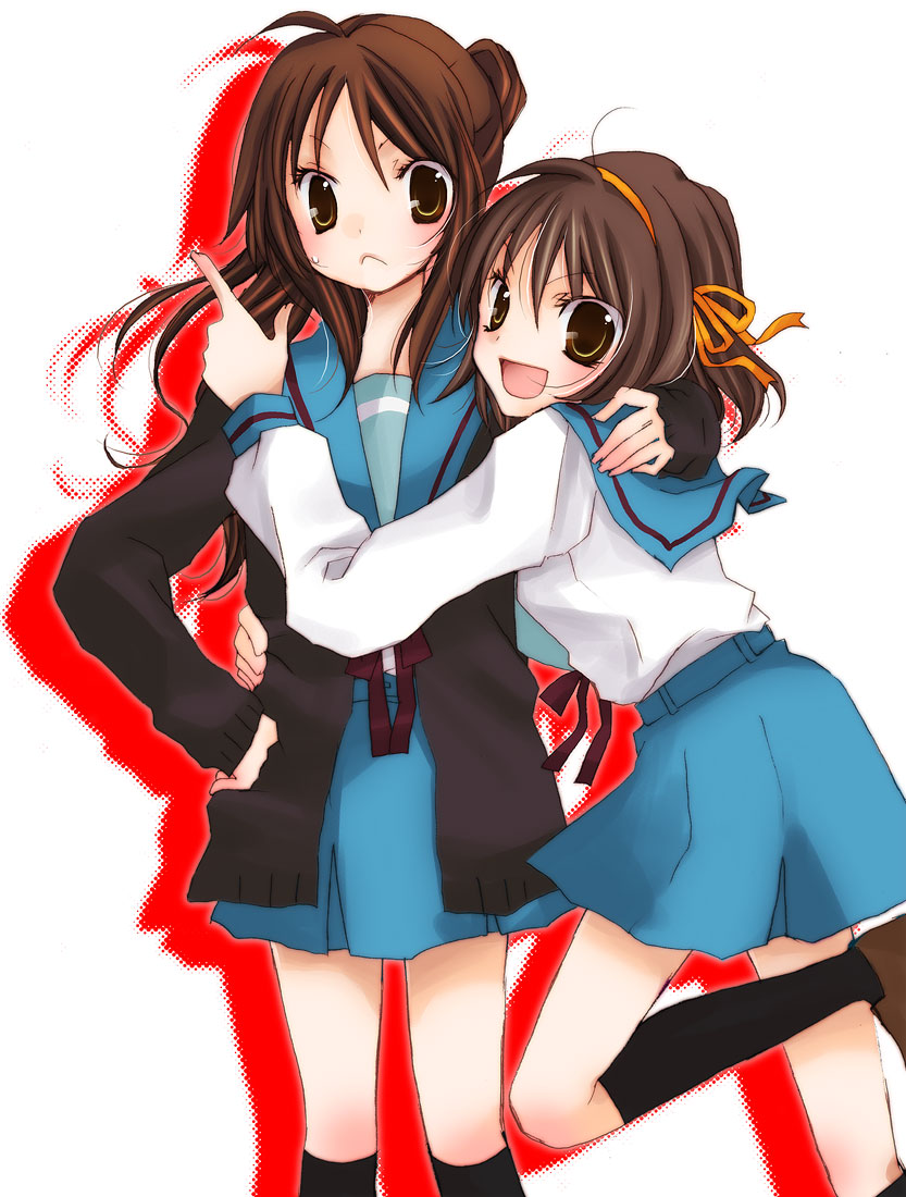 00s, 2girls, bad_id, bad_pixiv_id, blush, brown_hair, cardigan, gender_request