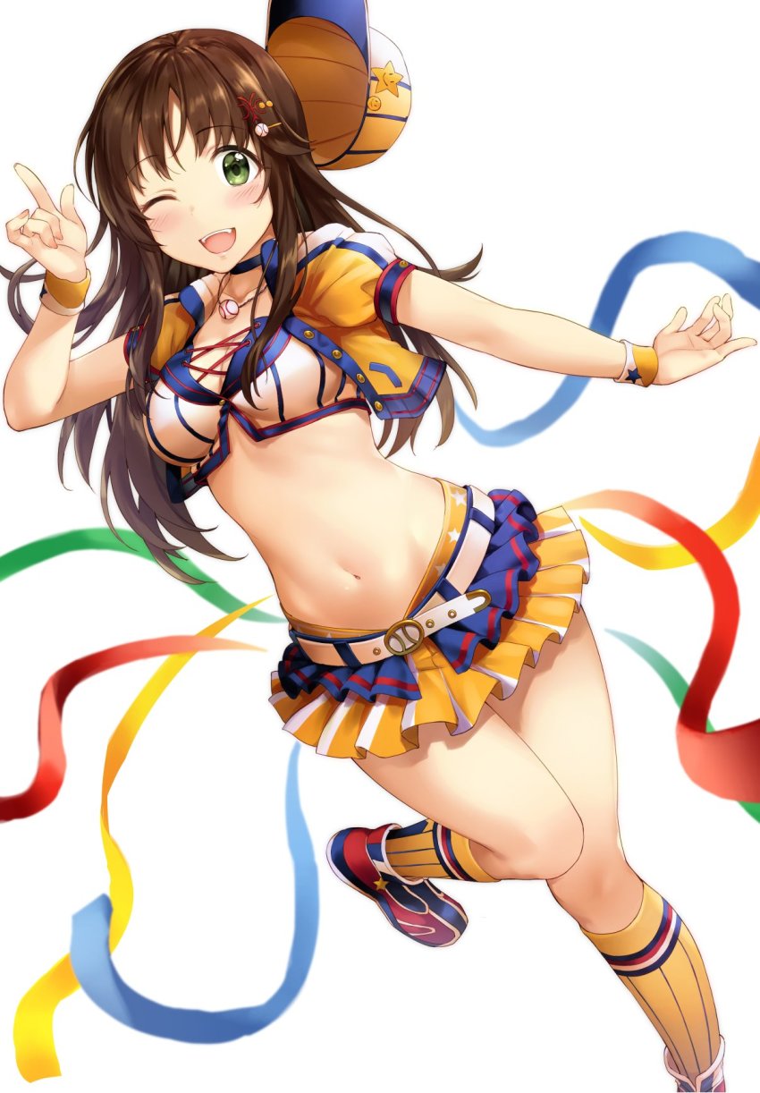 10s, 1girl, baseball_cap, baseball_hair_ornament, blue_skirt, blush, breasts, brown_hair, bvucki36gzoeq1c, choker, cleavage, fangs, female_focus, green_eyes, hair_ornament, hairclip, hat, highres, himekawa_yuki, idolmaster, idolmaster_cinderella_girls, index_finger_raised, jewelry, kneehighs, long_hair, looking_at_viewer, medium_breasts, midriff, miniskirt, navel, necklace, one_eye_closed, open_mouth, puffy_short_sleeves, puffy_sleeves, short_sleeves, skirt, smile, socks, solo, streamers, teeth, unworn_hat, unworn_headwear, wrist_cuffs, yellow_skirt, yellow_socks