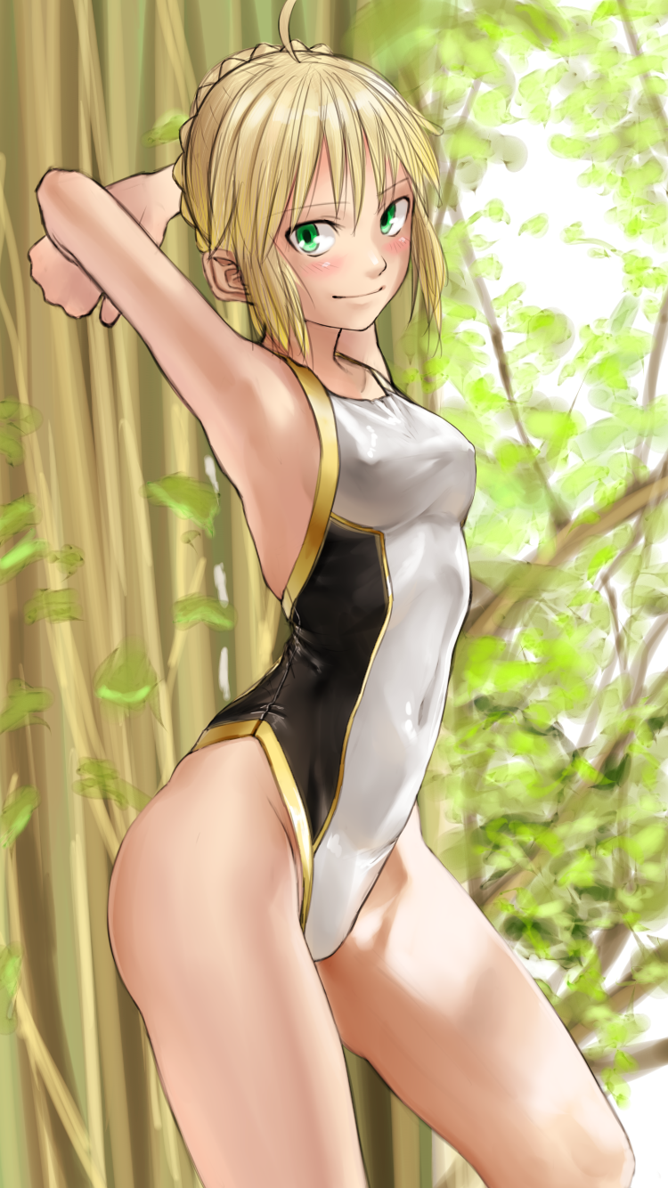 1girl, ahoge, arms_behind_head, arms_up, artoria_pendragon_(fate), blonde_hair, braid, breasts