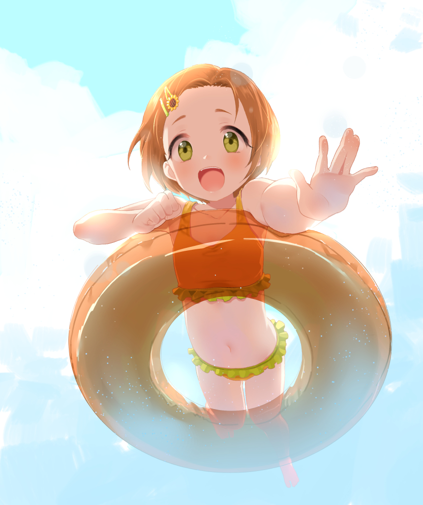 10s, 1girl, :d, afloat, bad_id, bad_pixiv_id, bikini, blue_sky