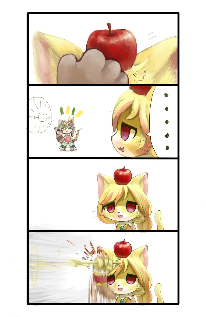 2girls, apple, arrow_(projectile), artemis_(cat_busters), artist_request, blonde_hair, bow_(weapon), brown_hair