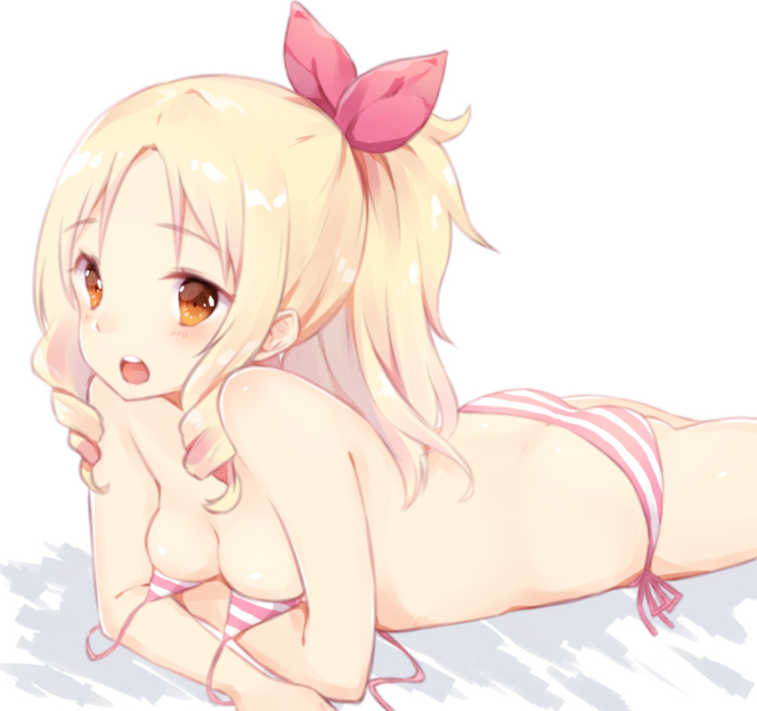 10s, 1girl, alternate_costume, alternate_hairstyle, ass, bikini, blonde_hair, bow, breasts, brown_eyes, butt_crack, cleavage, drill_hair, eromanga_sensei, female_focus, hair_bow, hairband, highres, long_hair, looking_at_viewer, lying, manatsuki_manata, medium_breasts, on_stomach, open_mouth, pointy_ears, red_bow, side-tie_bikini_bottom, solo, striped_bikini, striped_clothes, swimsuit, the_pose, twin_drills, untied_bikini, yamada_elf