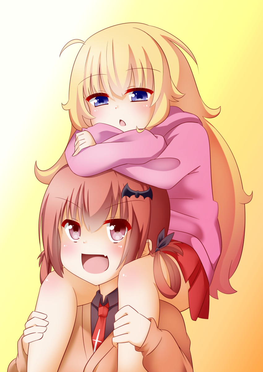 >:d, 10s, 2girls, :d, ahoge, bad_id, bad_pixiv_id, bat_hair_ornament