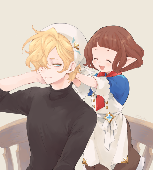 10s, 2girls, :d, ^_^, apron, bandana, blonde_hair, blue_eyes