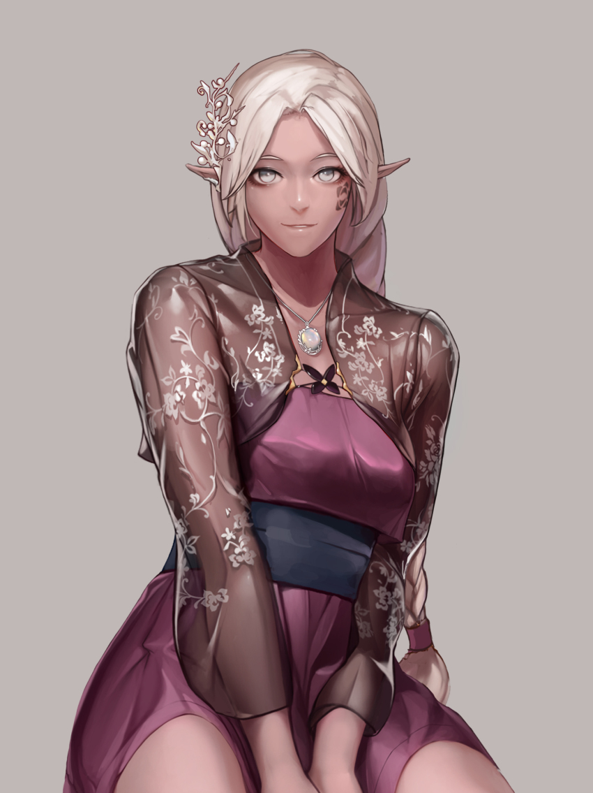 1girl, between_legs, braid, dark-skinned_female, dark_skin, dress, dungeon_and_fighter, elf, eyeliner, facial_mark, facial_tattoo, female_focus, flower, grey_background, grey_eyes, hair_flower, hair_ornament, hand_between_legs, highres, jewelry, long_hair, looking_at_viewer, makeup, monaim, parted_lips, pendant, pointy_ears, purple_dress, revision, rogue_(dungeon_and_fighter), sash, see-through_clothes, short_dress, silver_hair, simple_background, single_braid, sitting, smile, solo, strapless, strapless_dress, swept_bangs, tattoo, thief_(dungeon_and_fighter), v_arms