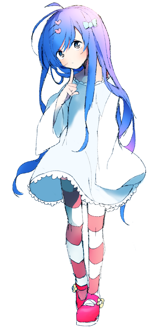 1girl, ahoge, bad_id, bad_pixiv_id, blue_dress, blue_hair, blush, bow