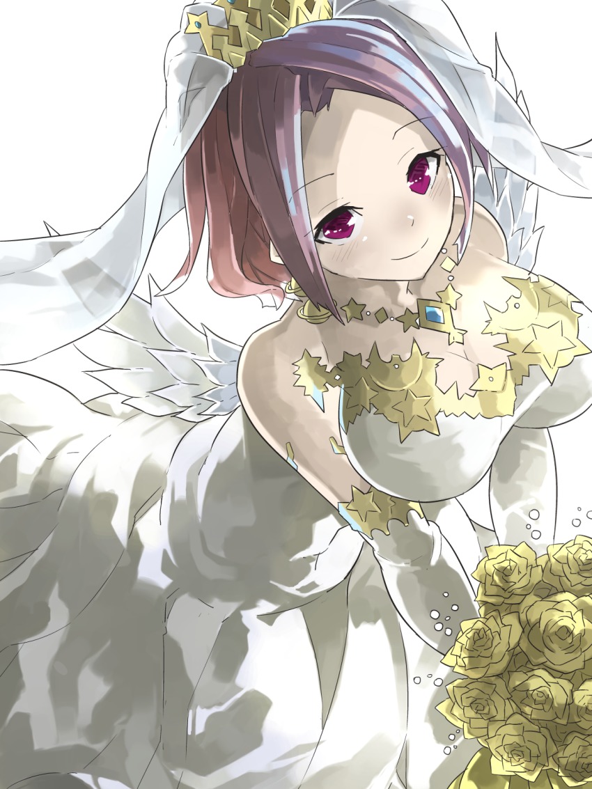 1girl, bare_shoulders, blush, bouquet, breasts, cleavage, closed_mouth, commentary_request