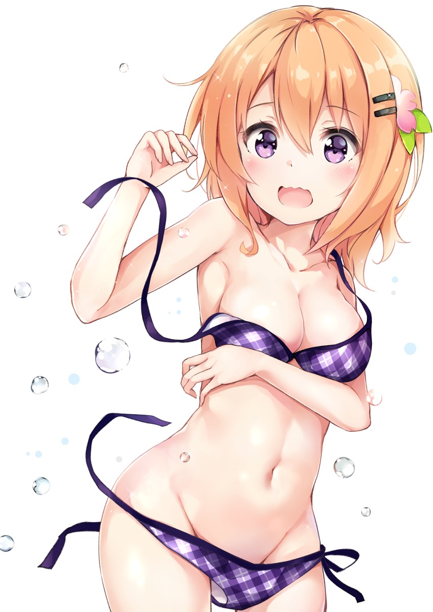 1girl, bikini, blonde_hair, blush, breast_hold, breasts, cleavage, colis_(regunm772), collarbone, cosplay, cowboy_shot, female_focus, flower, gochuumon_wa_usagi_desu_ka?, hair_between_eyes, hair_flower, hair_ornament, hairclip, highres, hoto_cocoa, light_brown_hair, looking_at_viewer, medium_breasts, medium_hair, navel, open_mouth, plaid_bikini, plaid_clothes, purple_bikini, purple_eyes, short_hair, side-tie_bikini_bottom, simple_background, solo, sparkle, standing, swimsuit, tedeza_rize, tedeza_rize_(cosplay), wardrobe_malfunction, water_drop, wavy_mouth, white_background
