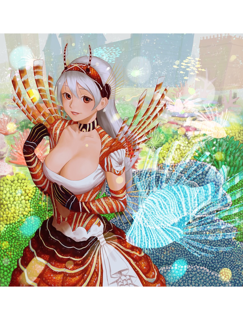 1girl, breasts, carlo_montie, choker, cleavage, colorful, commentary, dress, elbow_gloves, female_focus, fish, fish_costume, gloves, grey_hair, hair_between_eyes, hairband, hand_up, highres, large_breasts, letterboxed, light_smile, lionfish, lipstick, long_hair, looking_at_viewer, makeup, original, parted_lips, red_eyes, red_lips, scales, smile, solo, standing, striped_clothes, striped_dress, teeth