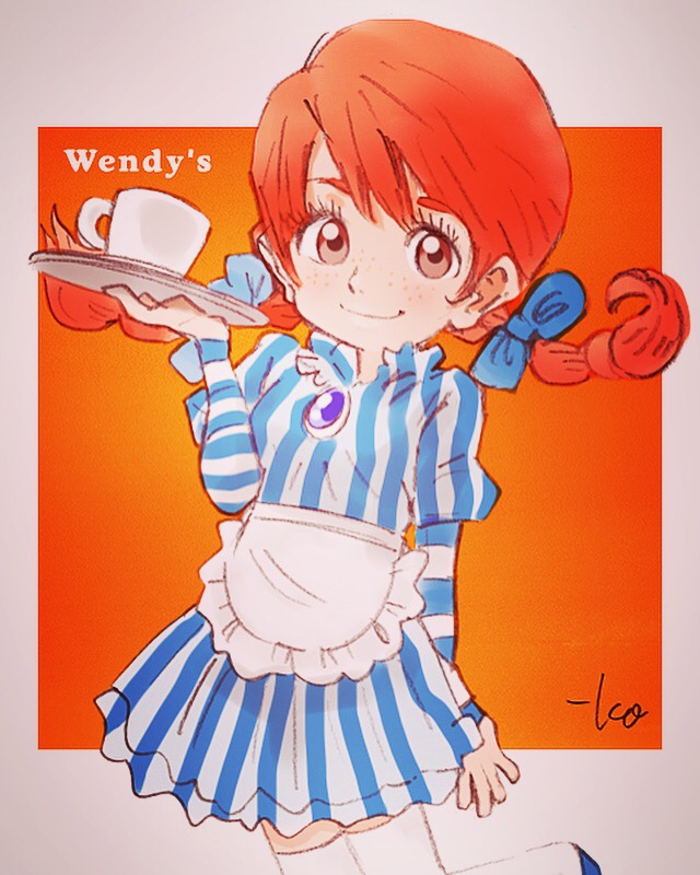 1girl, apron, blue_bow, bow, brown_eyes, coffee_mug, copyright_name, cup