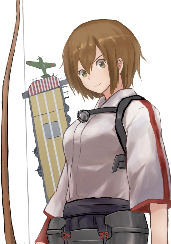 aircraft, airplane, bow, brown_hair, deck, japanese_clothes, looking_at_viewer, rigging, short_hair, smile, solo, ujo, upper_body, warship_girls_r, white_background, yellow_eyes, zuikaku_(warship_girls_r)