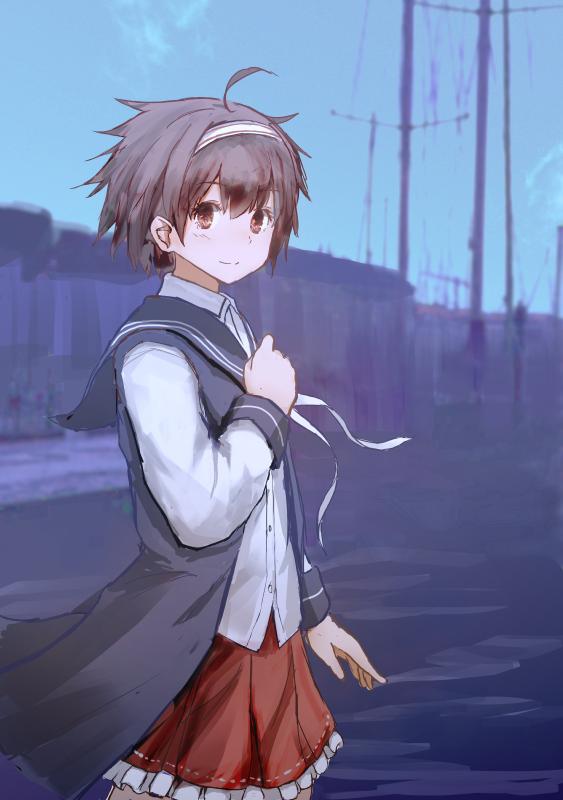 ahoge, blue_sky, brown_eyes, day, dress, grey_hair, grey_vest, hand_on_own_chest, headband, hiyou_(warship_girls_r), holding, holding_ribbon, looking_at_viewer, pleated_skirt, red_dress, ribbon, sailor_collar, shirt, short_hair, skirt, sky, smile, solo, standing, ujo, utility_pole, vest, waistcoat, warship_girls_r, white_ribbon, white_shirt
